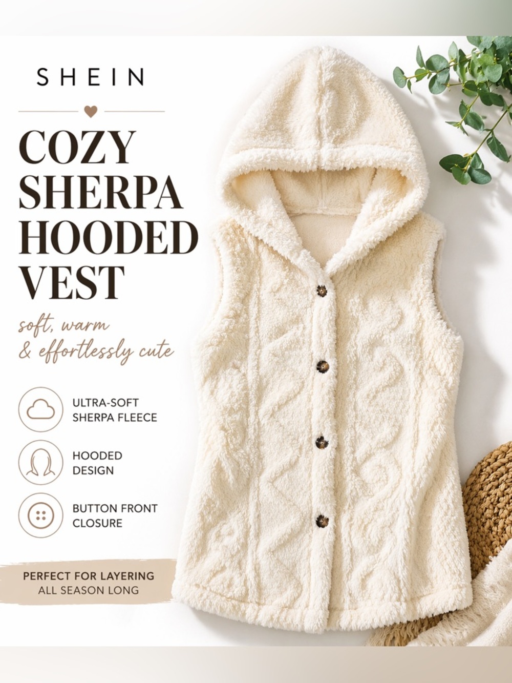 SHEIN Sherpa Hooded Vest Cream Cozy Fleece Button Front Layering